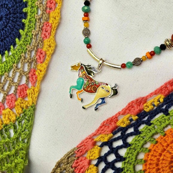 Artisan Hand Crafted Necklace Painted Horses Brown Suede Cord Colorful Beaded - Picture 6 of 12